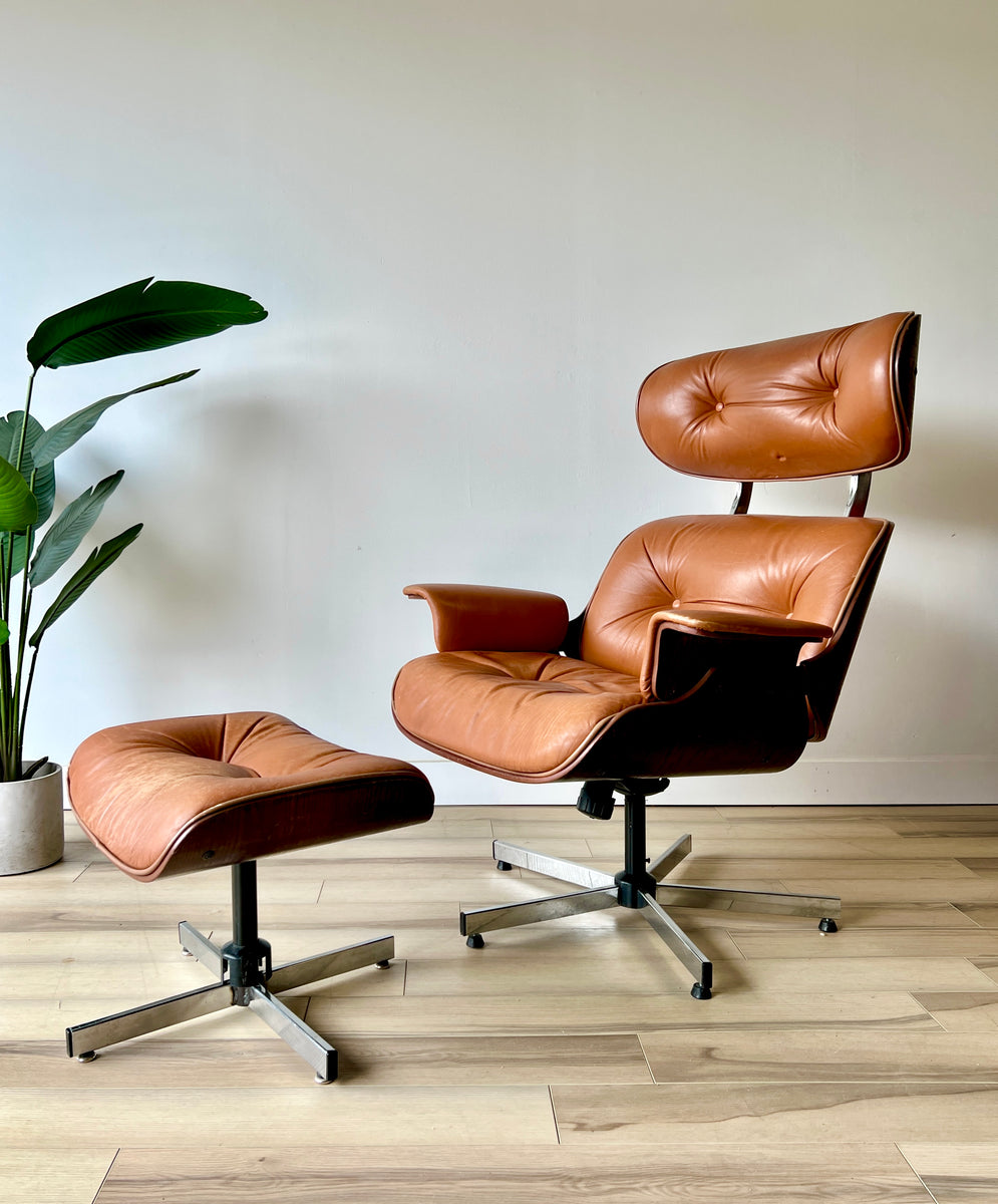 Vintage Mid Century Leather Plycraft Lounge Chair and Ottoman