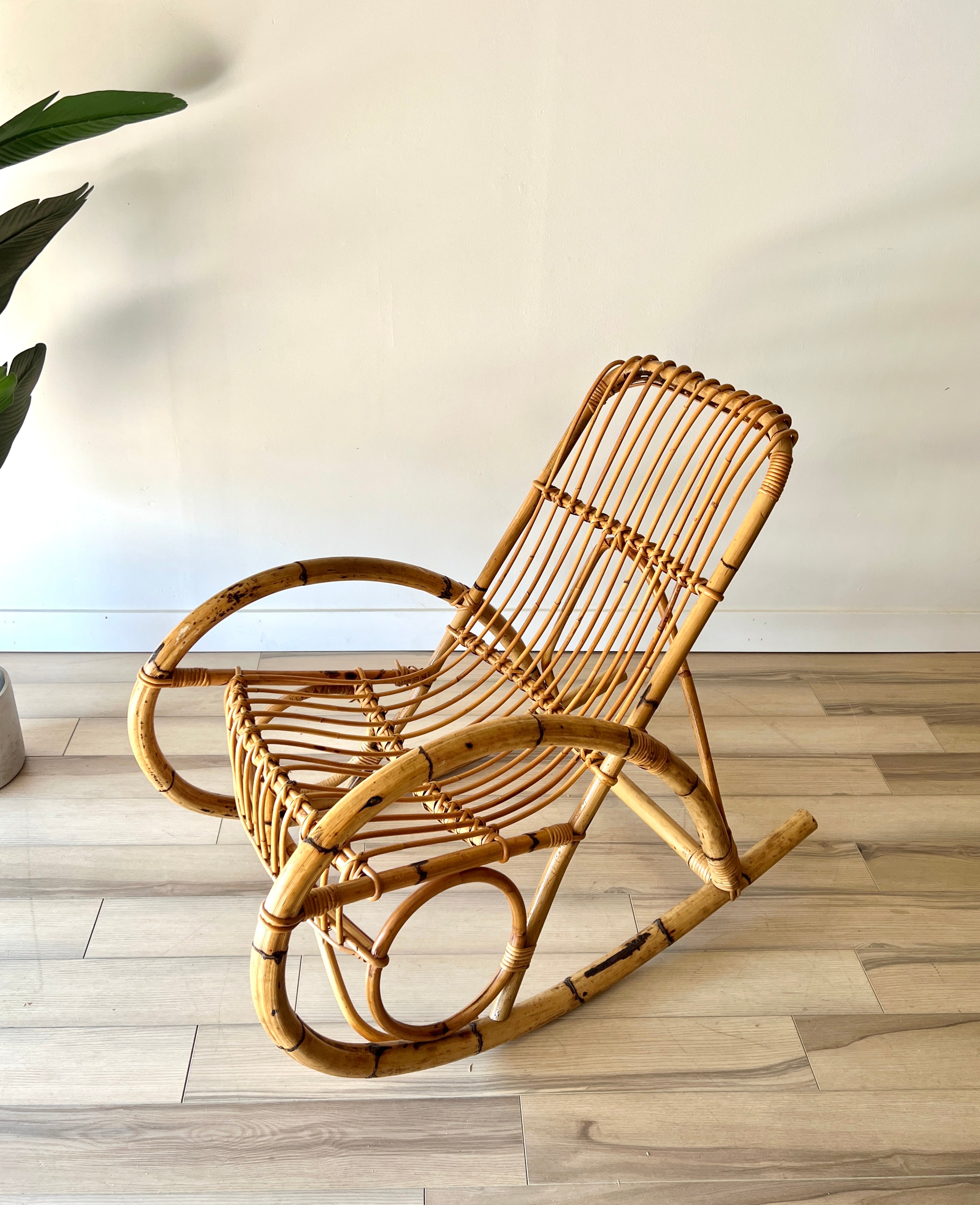 Vintage Albini Style Rocking Chair w/ White Boucle Cushion