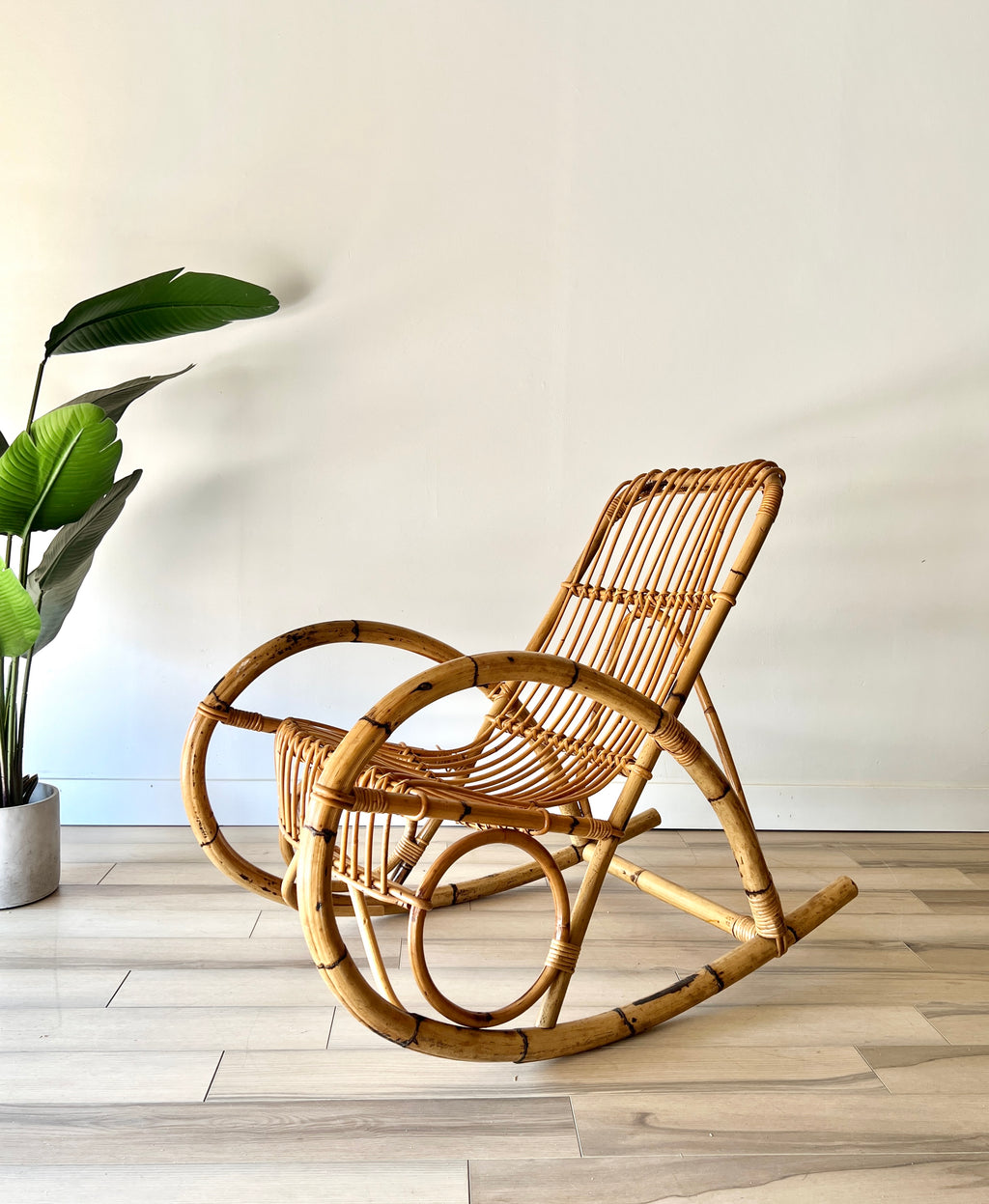 Vintage Albini Style Rocking Chair w/ White Boucle Cushion