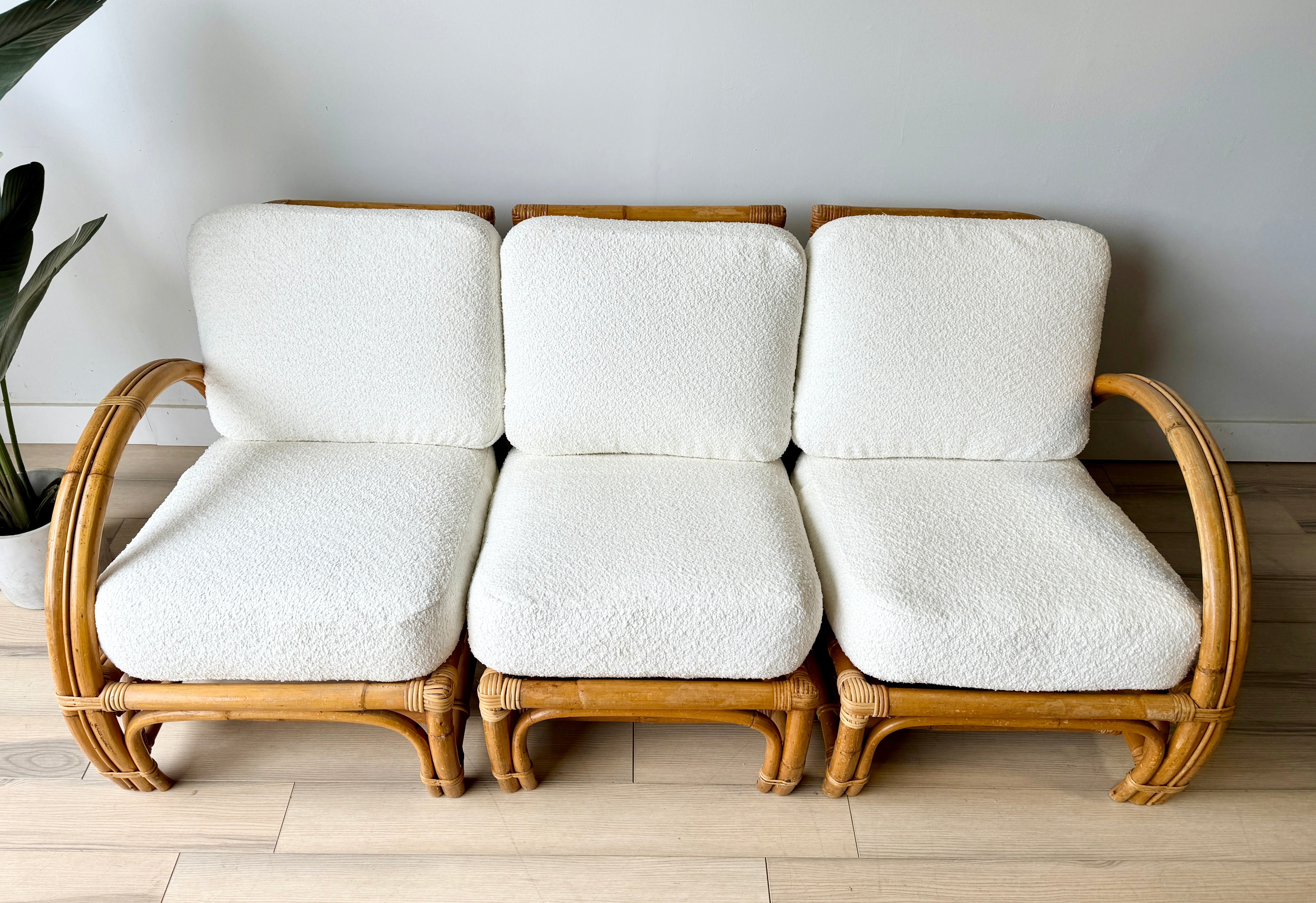 Vintage Mid Century Modular Bamboo Sofa w/ Fresh Boucle Upholstery