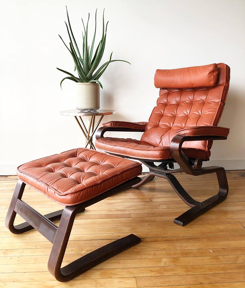 Vintage Norwegian Leather Lounge Chair & Ottoman