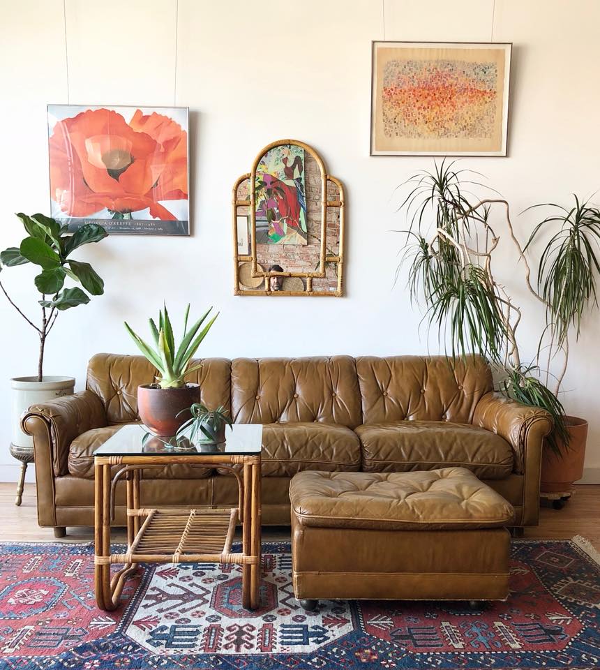 Vintage Tufted Leather Sofa & Ottoman by Drexel