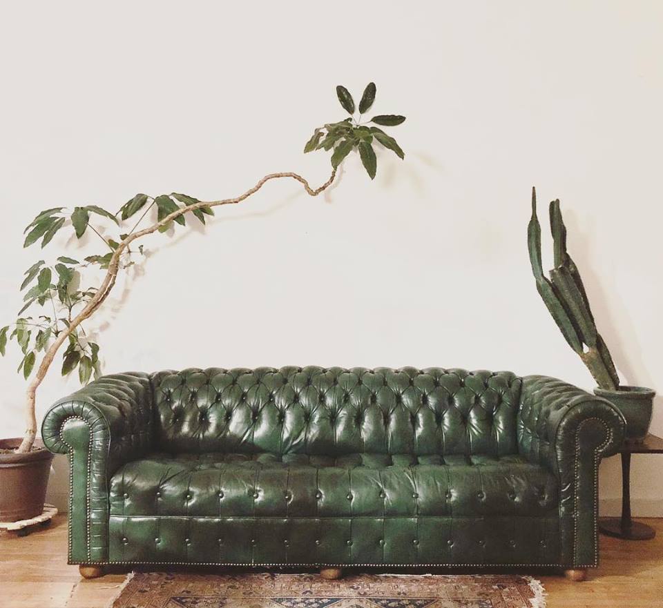 Mid-Century Green Leather Sofa by Chesterfield