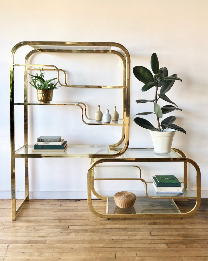 Mid-Century Large Glass & Brass Shelving Unit