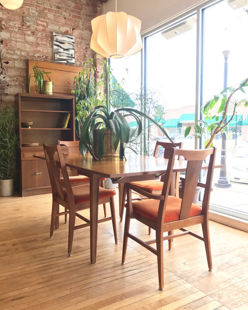 Mid-Century Dinning Table with Orange Velvet Chairs