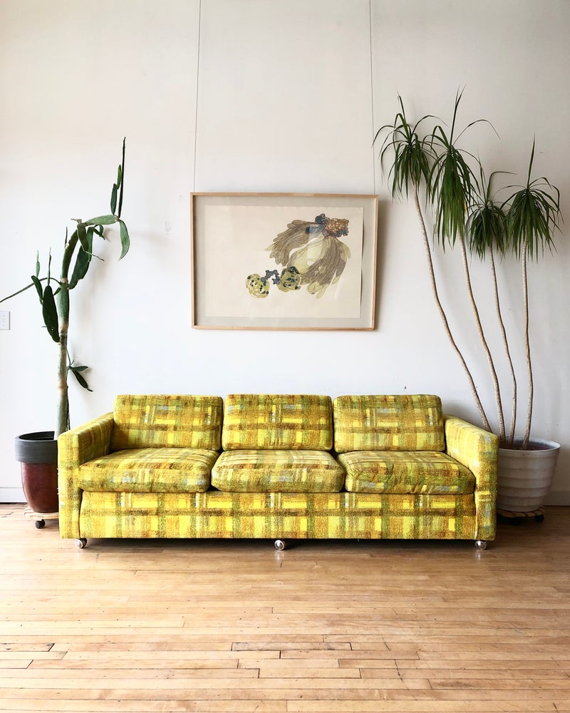 Mid-Century Plaid Sofa in Yellow – Home and Closet Vintage