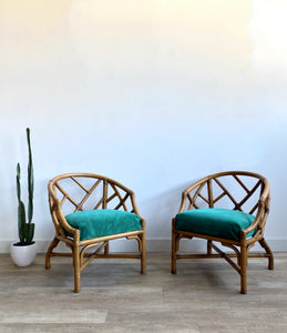Pair of Vintage Rattan Chairs with Fresh Green Velvet Upholstery