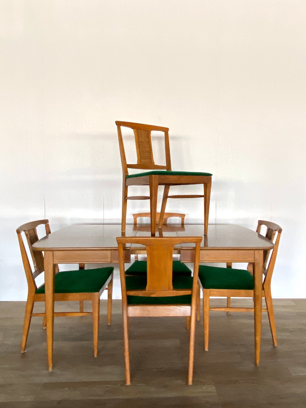 Vintage Dining Set with Green Velvet Upholstery