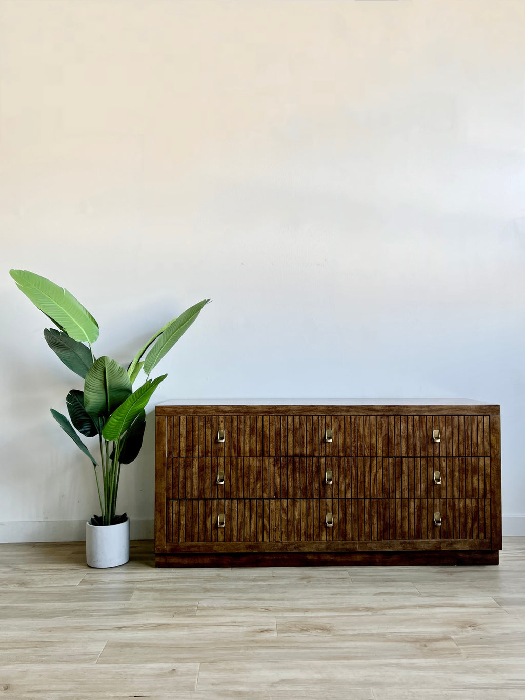 Vintage mid Century Nine Drawer Dresser with Brass Pulls