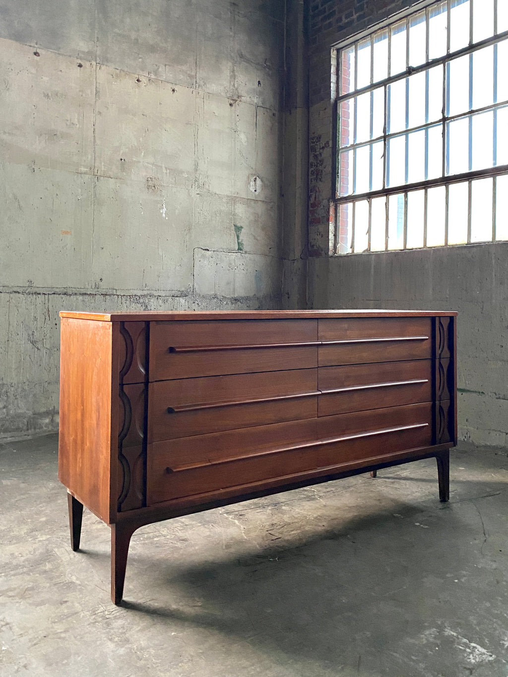VintageVintage Mid-Century Six Drawer Dresser with Rosewood Accents