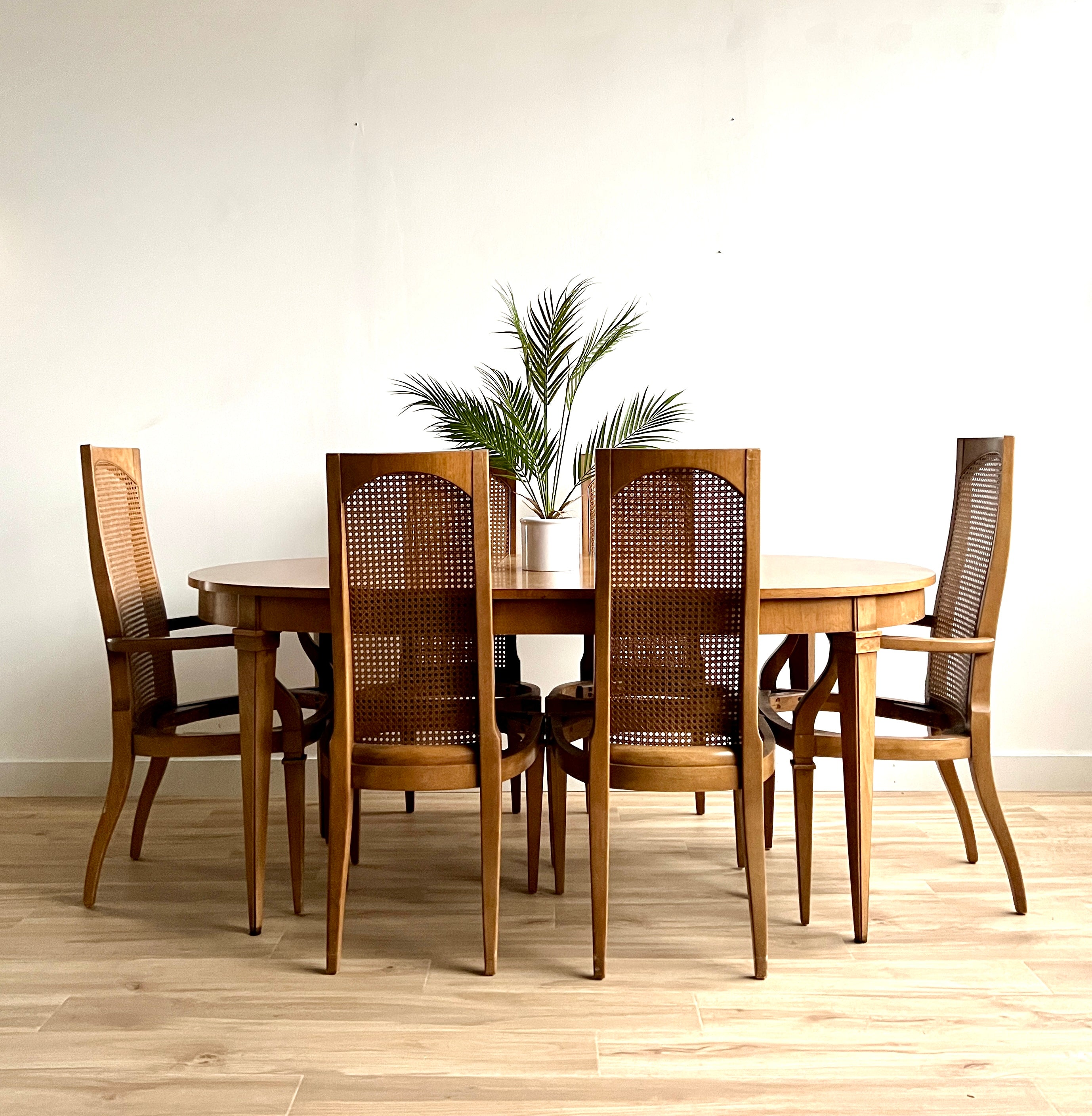 Vintage Caned Back Drexel Dining Set with 6 Chairs + 3 Leaves in Your Choice of Fabric