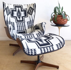 Upholster client’s chair in Pendleton fabric