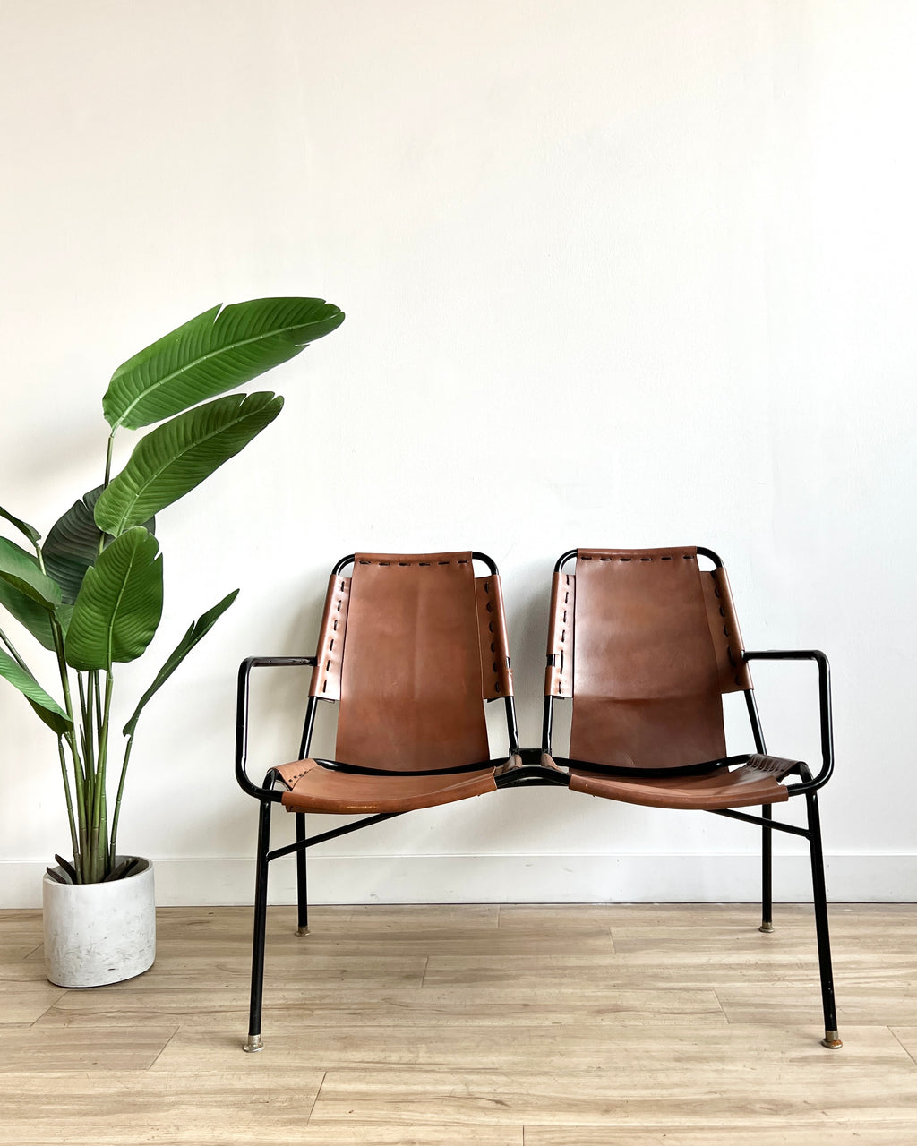 Vintage Mid Century Leather Sling Settee