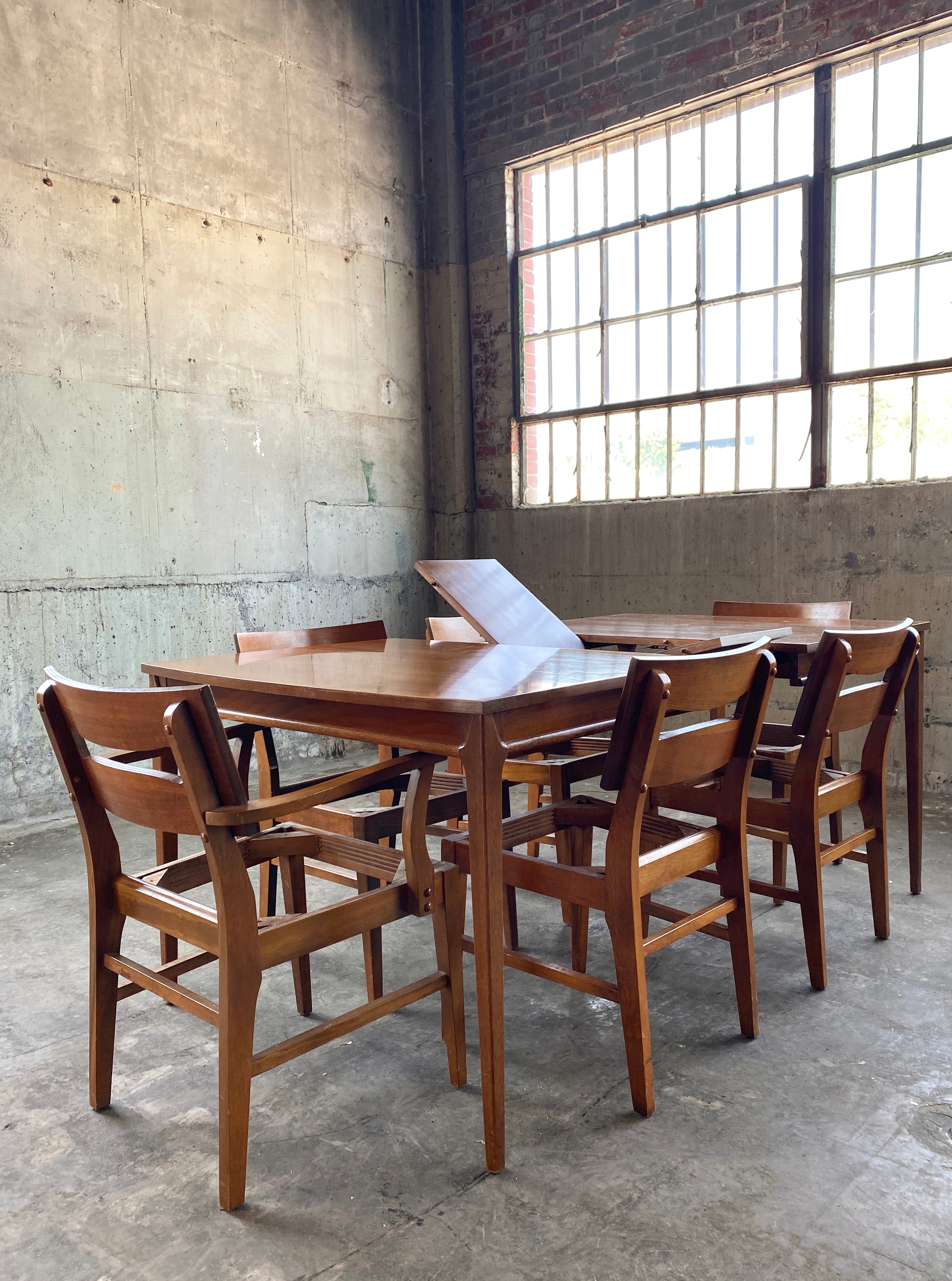 Mid Century Dining Set in Your Choice of Fabric with Six chairs and Hidden Leaf