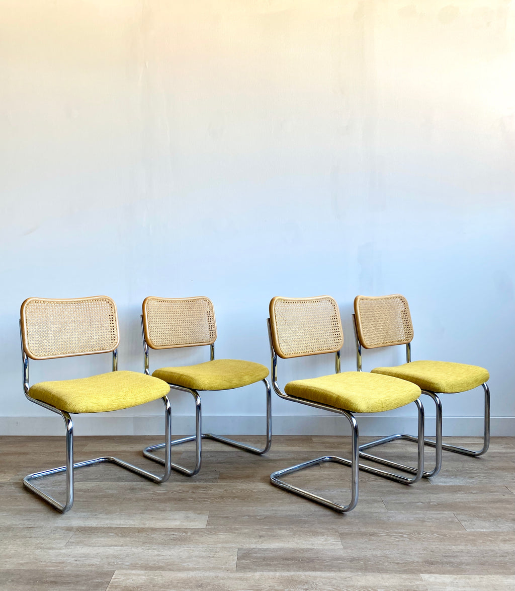 Set of Four Cane Backed Chairs with Fresh Vintage Yellow Upholstery