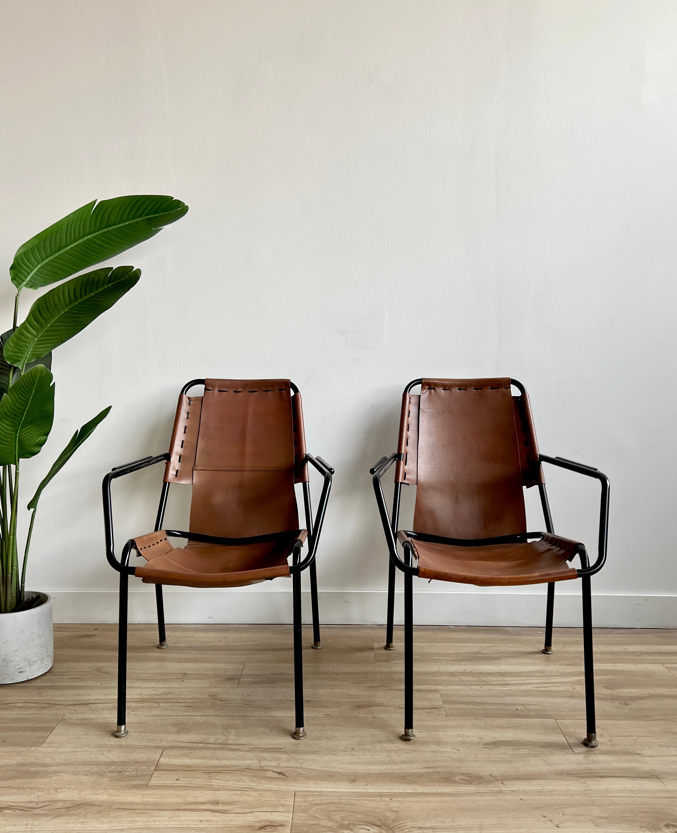 Pair of Vintage Mid Century Leather Sling Lounge Chairs