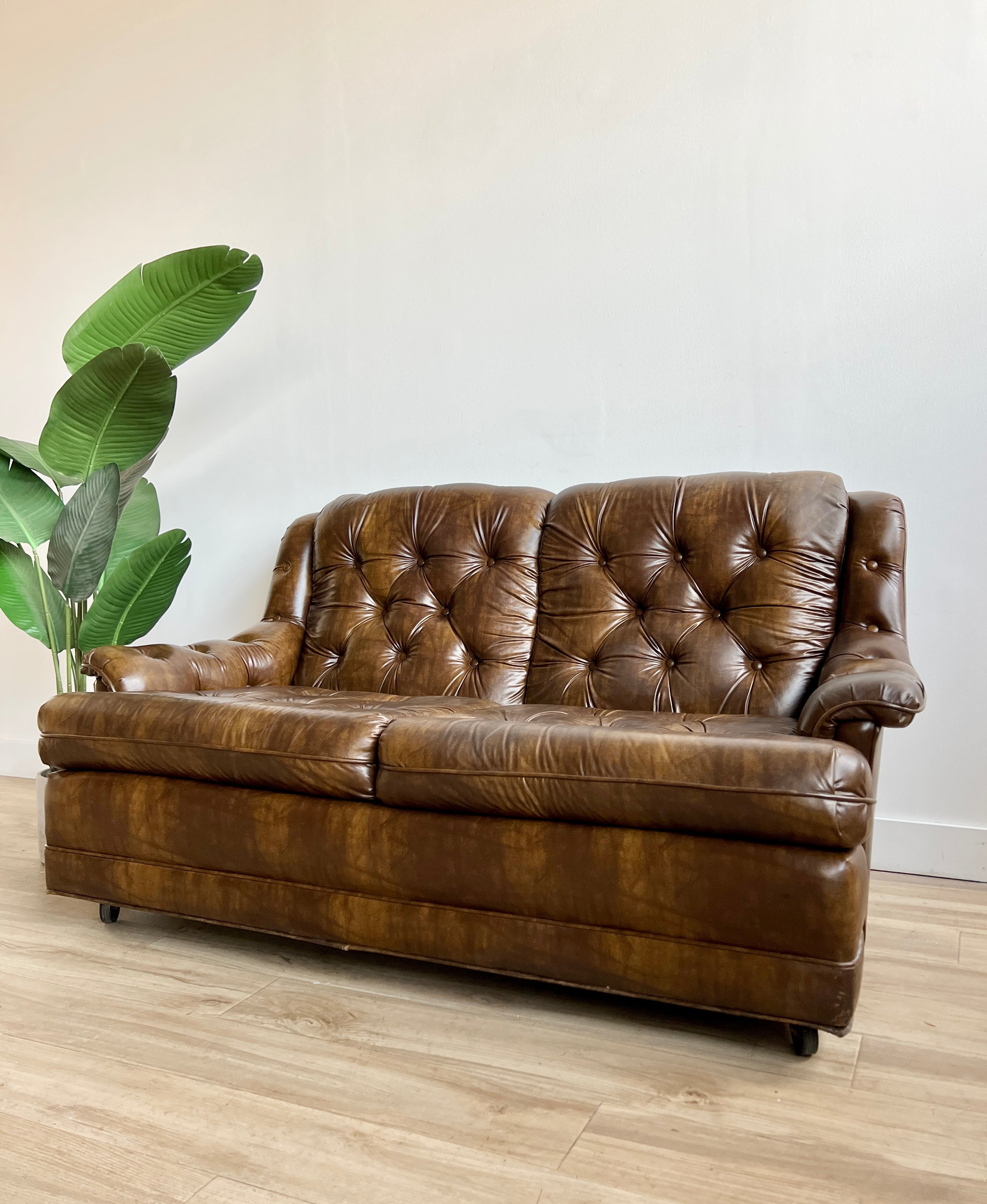 Vintage Button Tufted Sofa in Vegan Leather