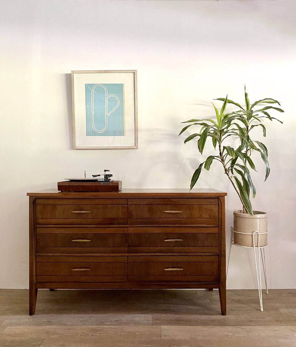 Mid-Century Six Drawer Dresser with Brass Pulls and Wood Top