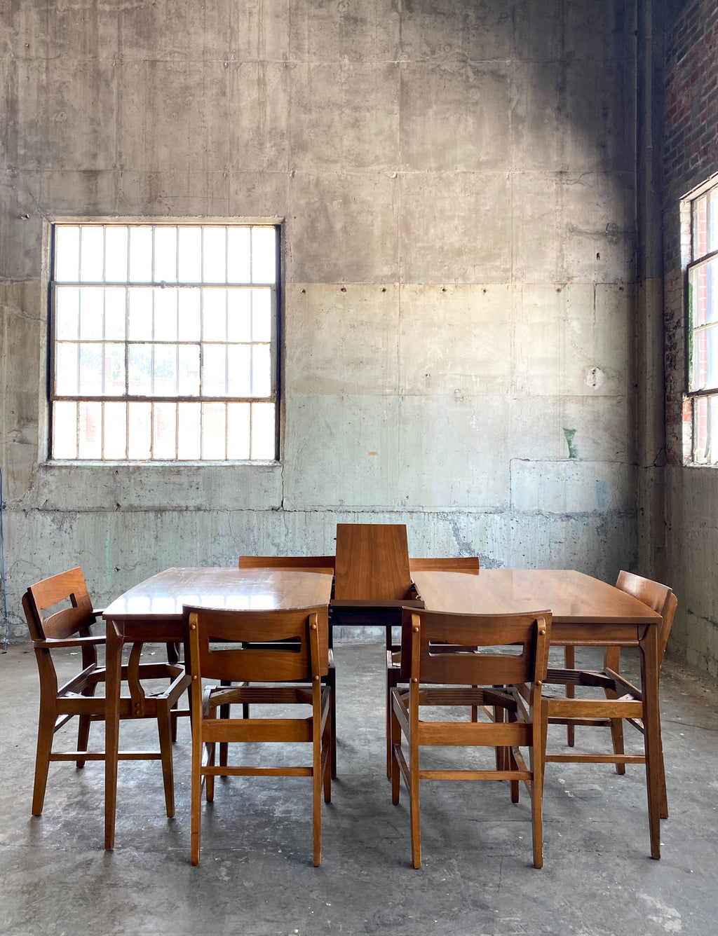 Mid Century Dining Set in Your Choice of Fabric with Six chairs and Hidden Leaf