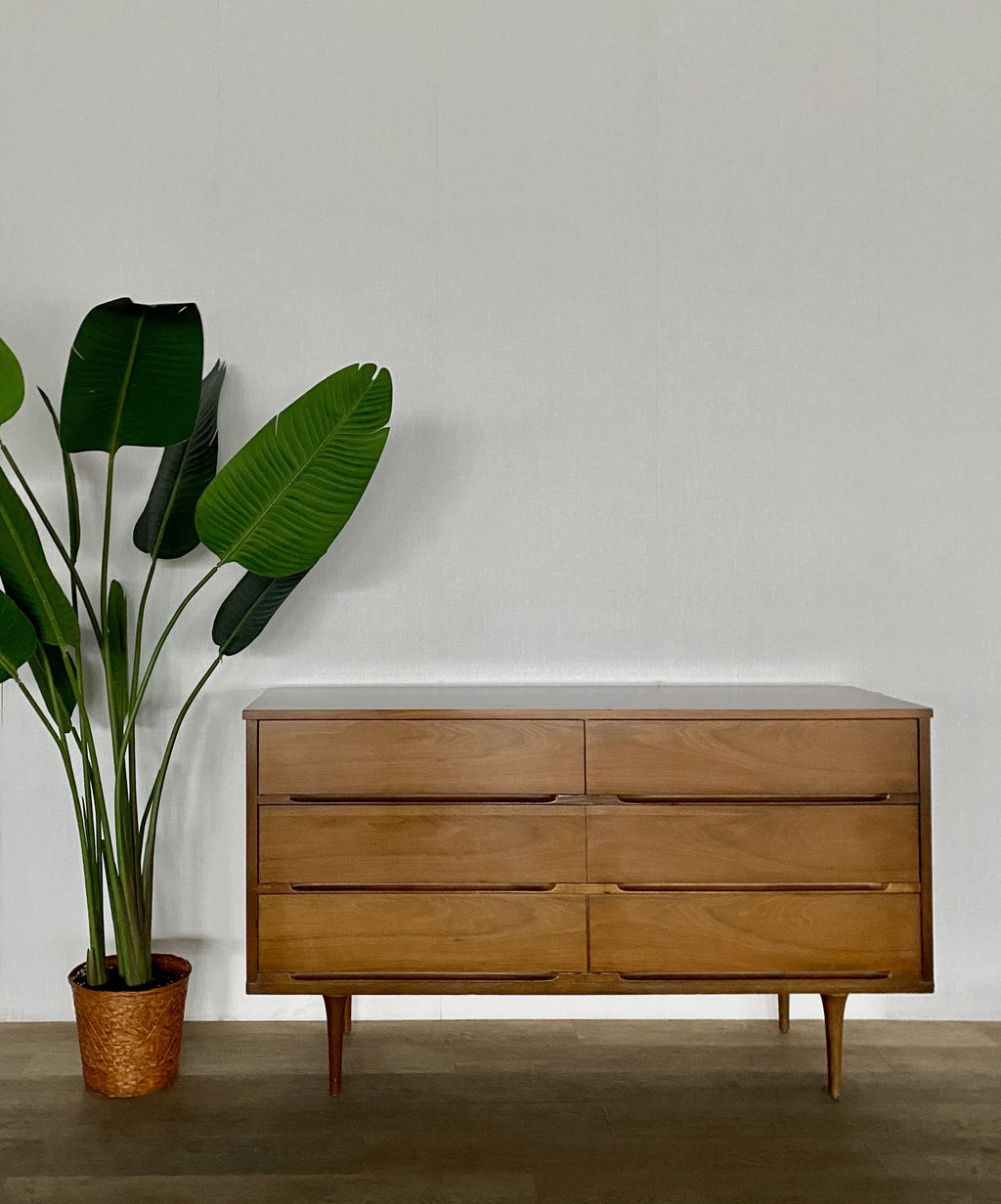 Mid-Century Six Drawer Dresser with Wood Top