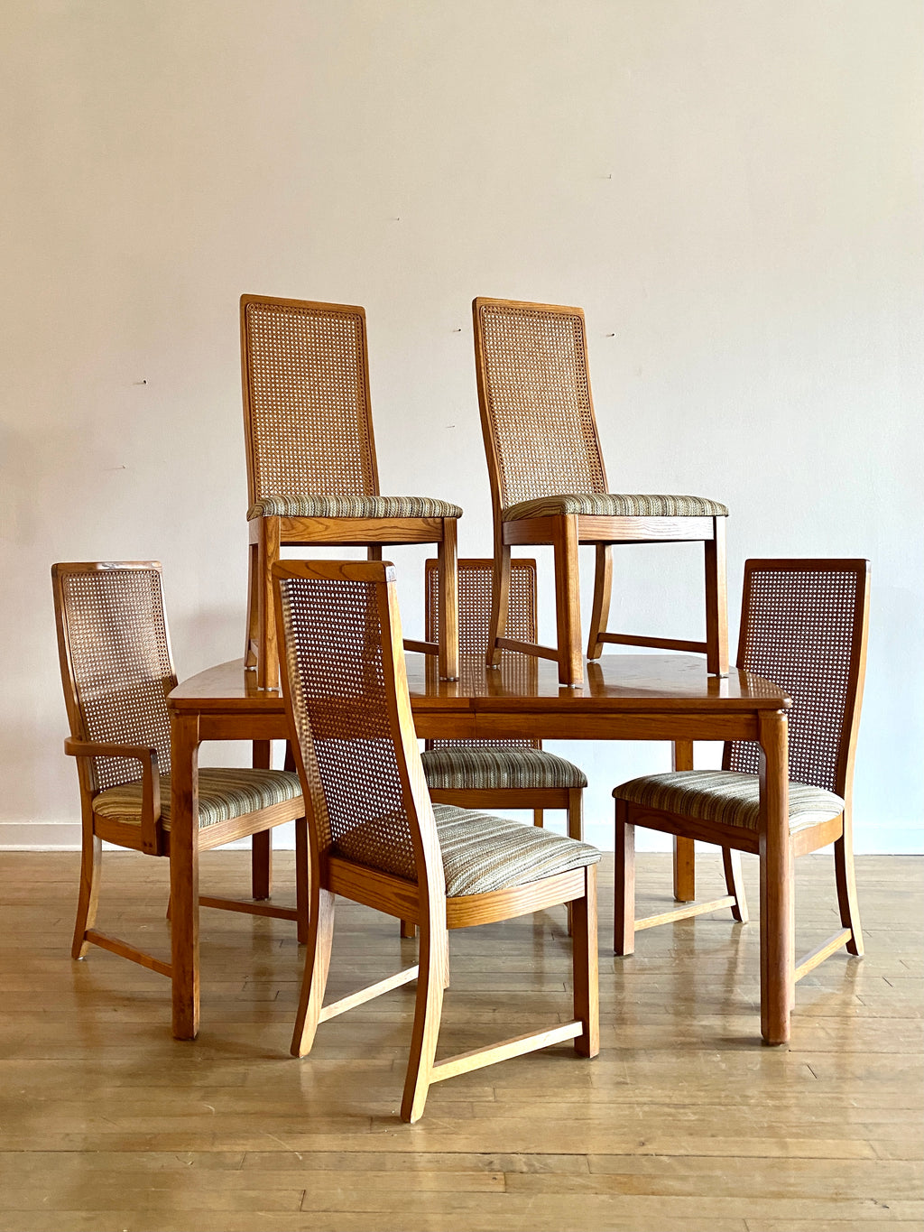 Vintage Cane Back Dining Set with Six Chairs and Two Leaves