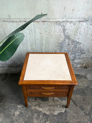Mid-Century End Table / Nightstand with Travertine Top
