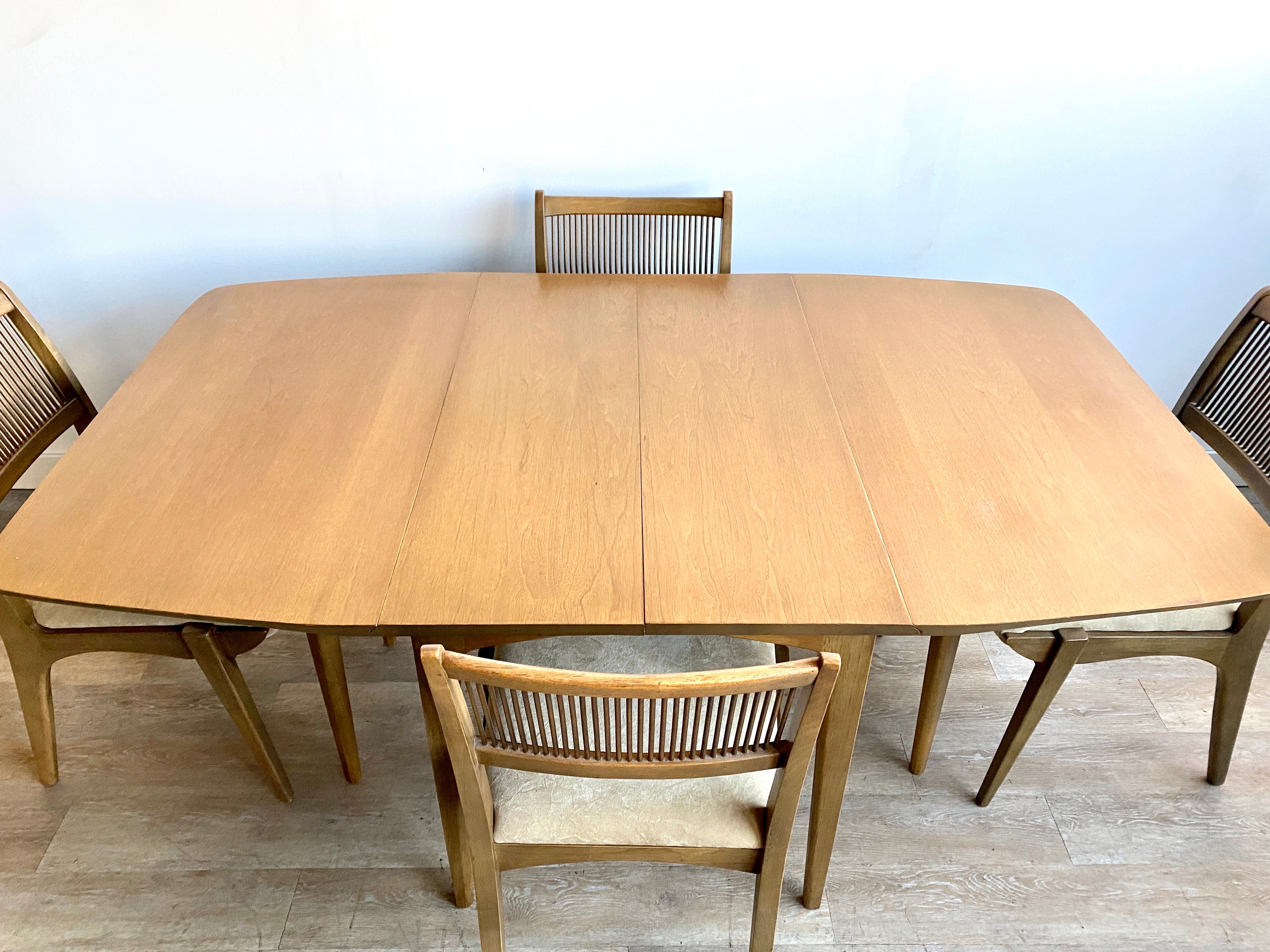 Vintage Mod Century Drexel Profile Dining Table + Four Chairs + Three Leaves