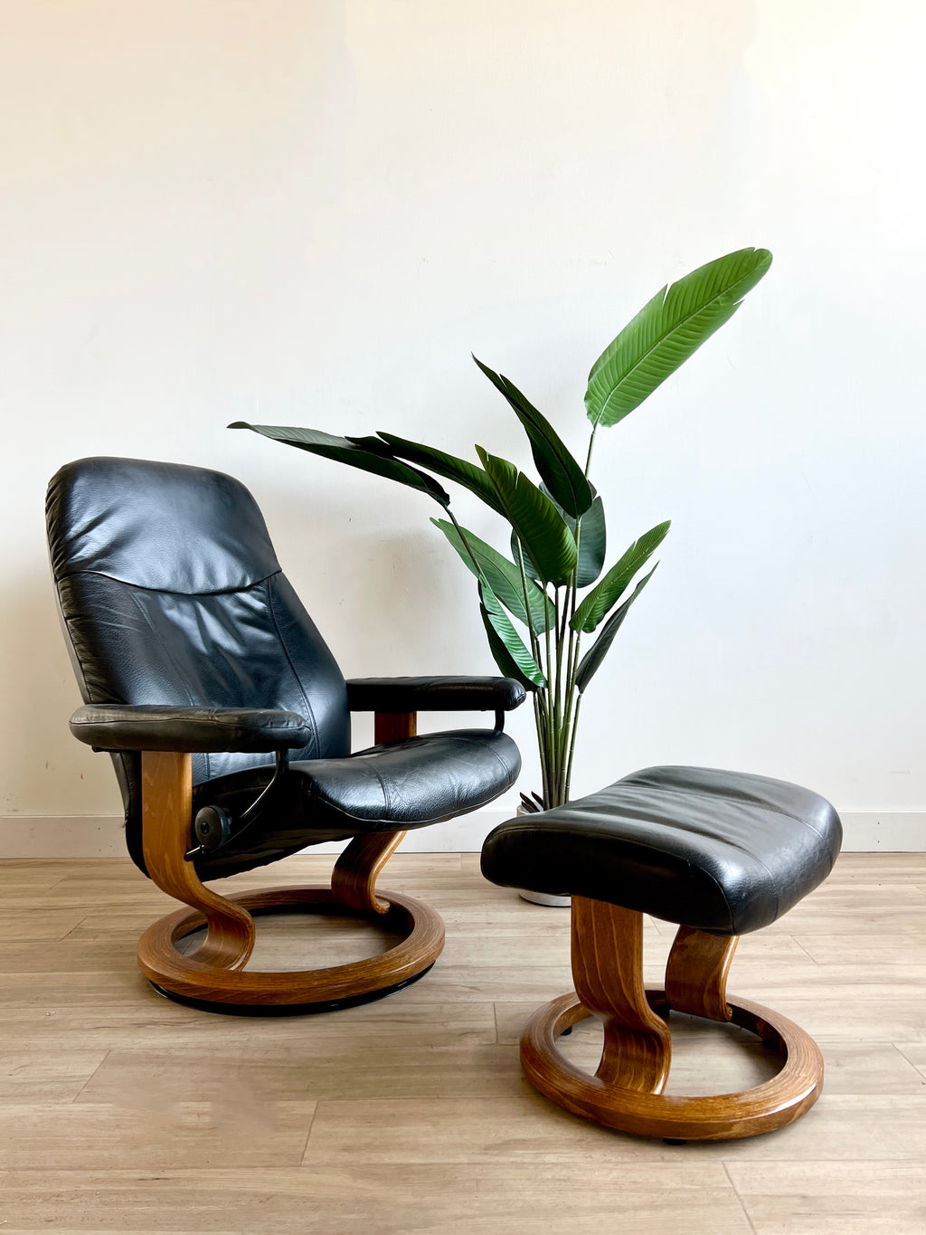 Vintage Leather and Teak Norwegian Lounge Chair & Ottoman