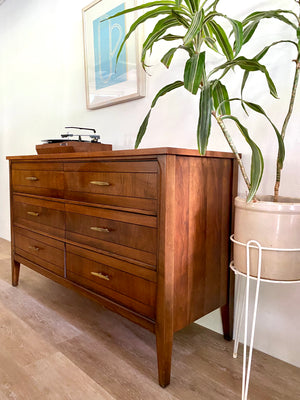 Mid-Century Six Drawer Dresser with Brass Pulls and Wood Top