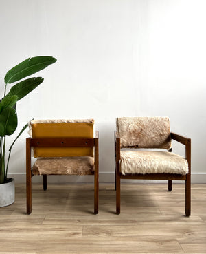 Pair of Vintage Mid Century Lounge Chairs Upholstered in Natural Cowhide