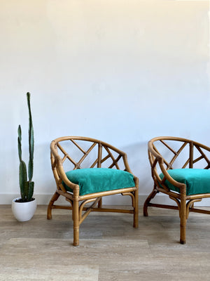 Pair of Vintage Rattan Chairs with Fresh Green Velvet Upholstery