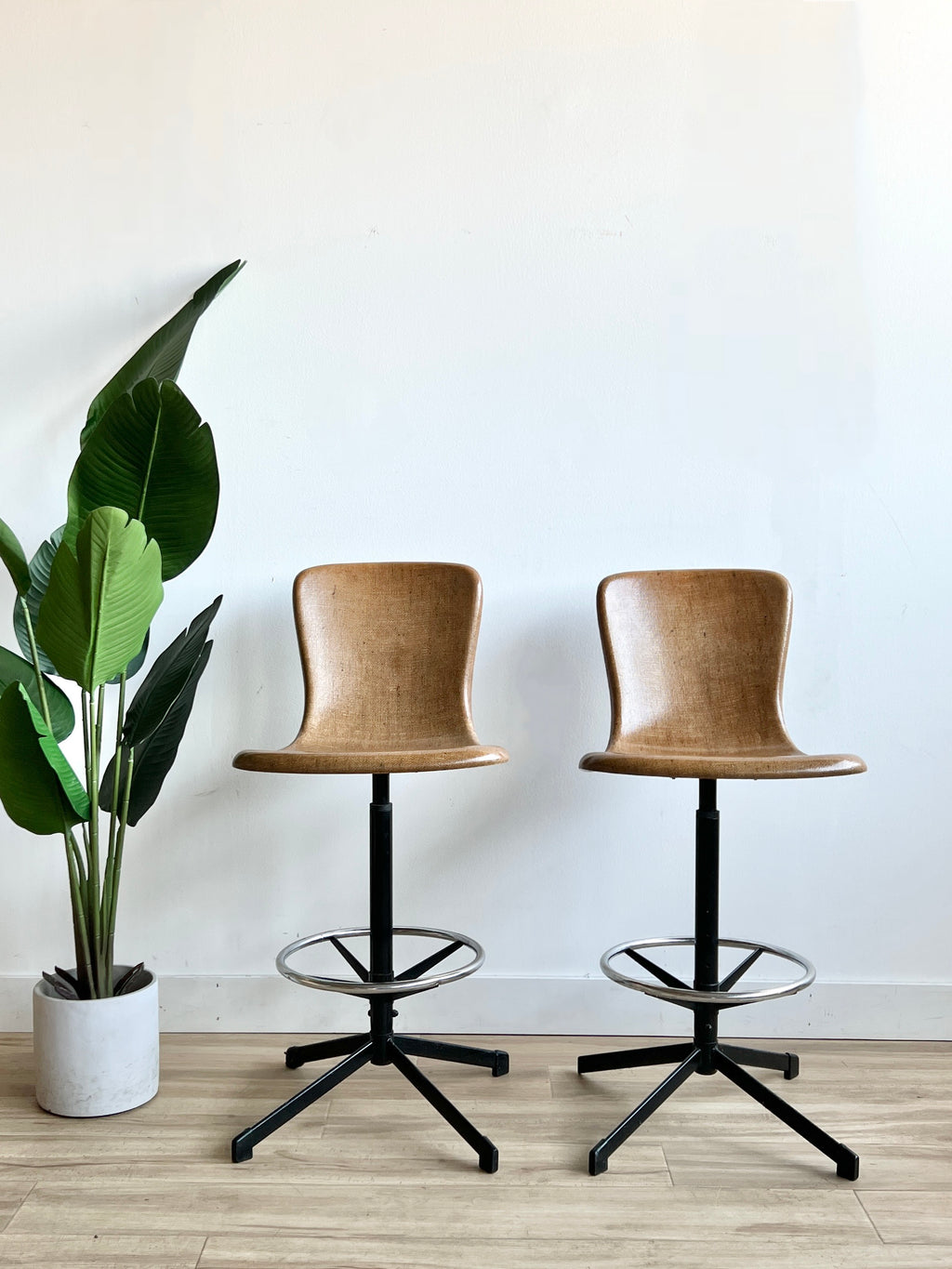 Pair of Vintage Mod Century Woven Fiberglass Adjustable Bar Stools