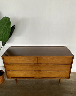 Mid-Century Six Drawer Dresser with Wood Top
