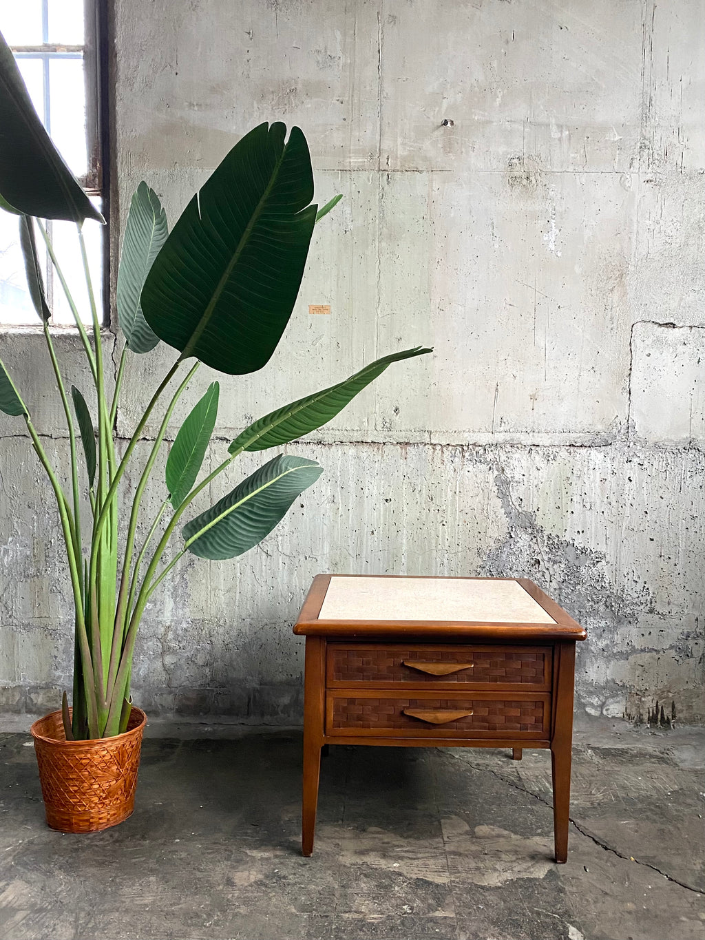 Mid-Century End Table / Nightstand with Travertine Top
