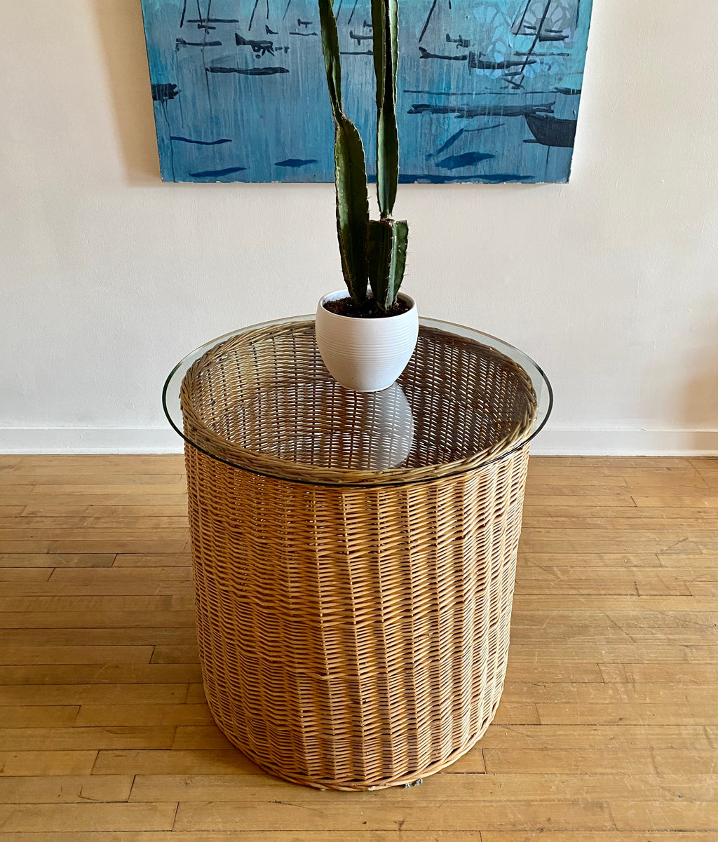 Vintage Wicker Dining Table with Glass Top