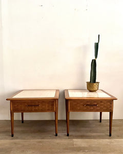 Pair of Mid-Century Nightstands / End Tables with Travertine Stone Tops