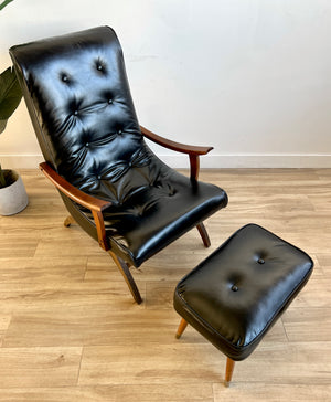 Vintage Mid Century Lounge Chair & Ottoman in Leather