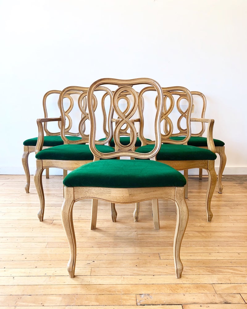 Set of Six Vintage Ribbon Back Chairs in Green Velvet