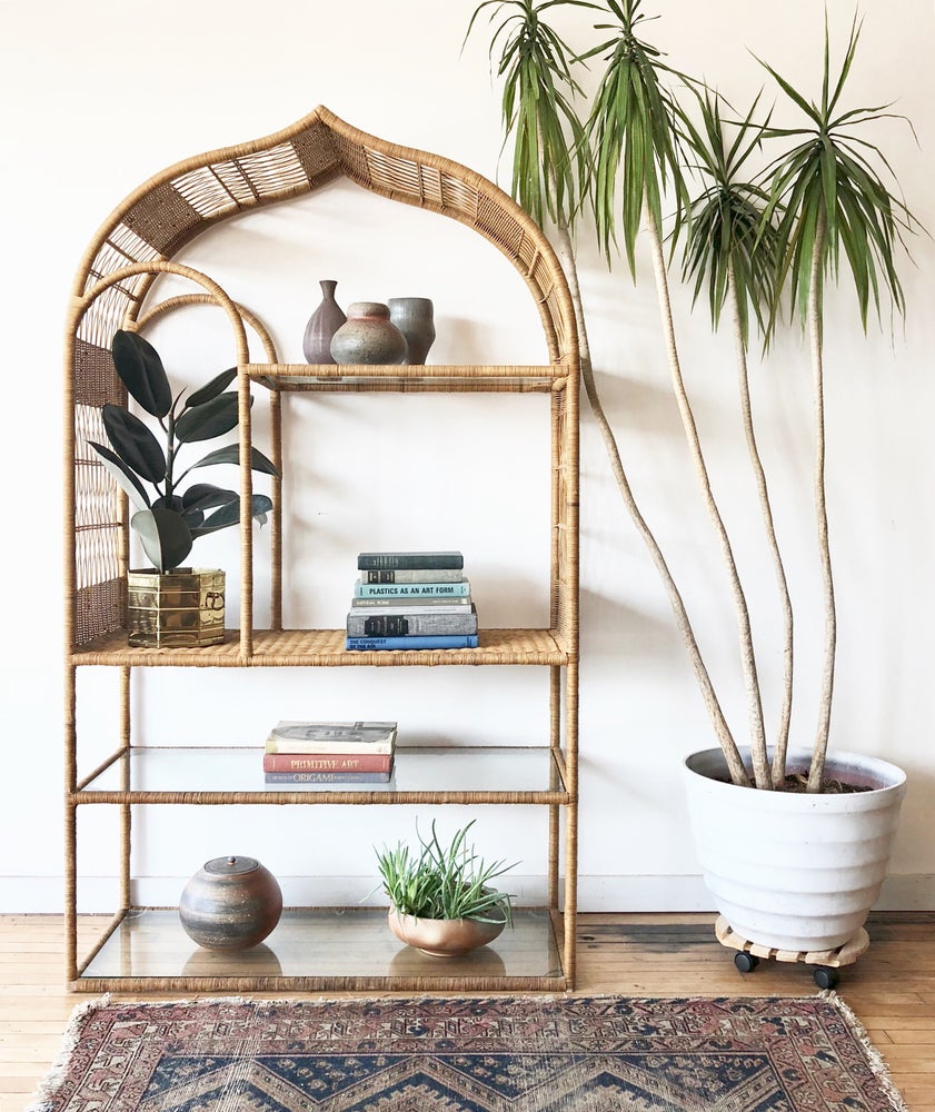 Moroccan Style Vintage Wicker and Glass Etagere