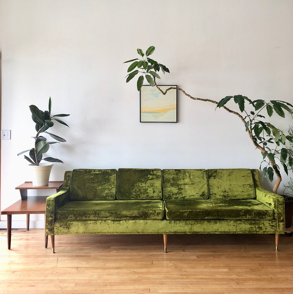 Mid-Century Crushed Velvet Sofa in Green