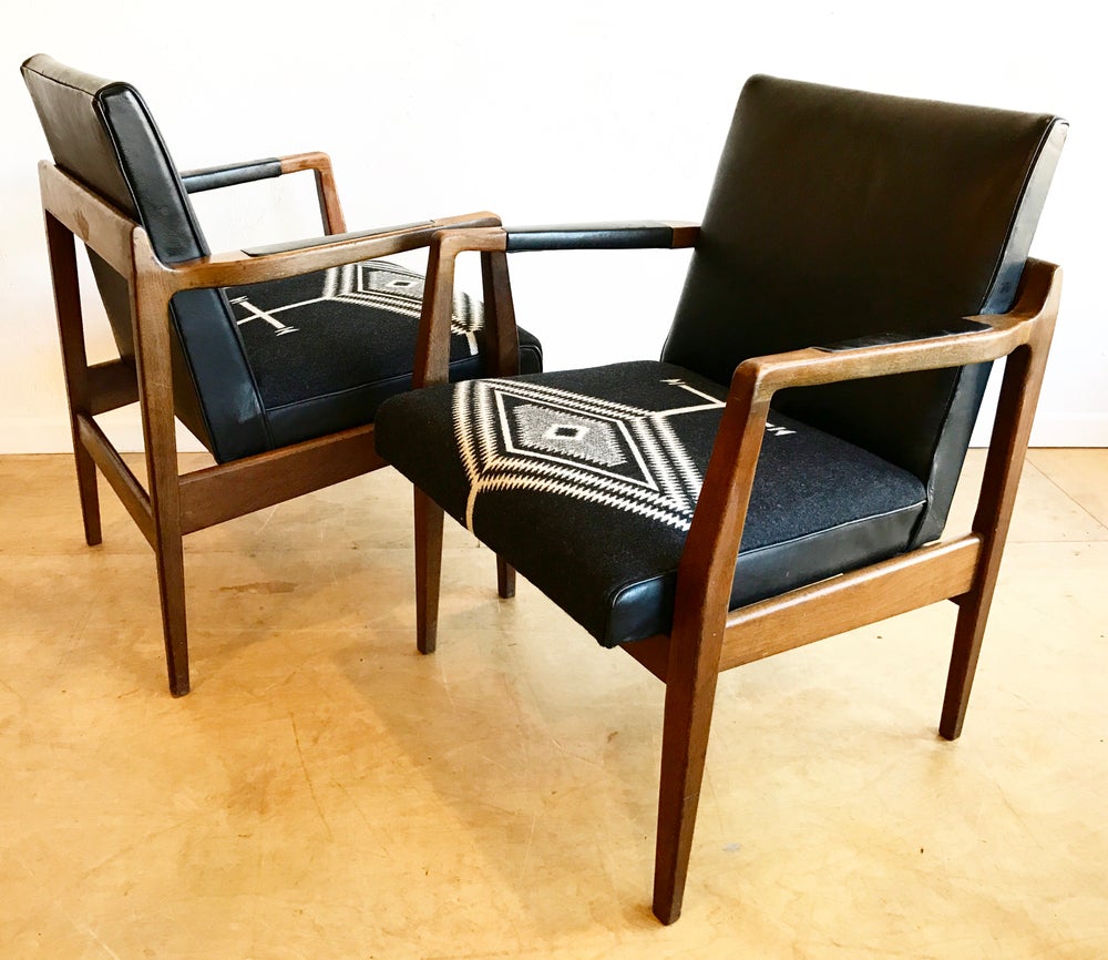 Pair of Mid-Century Arm Chairs in Black Leather and Pendleton Wool