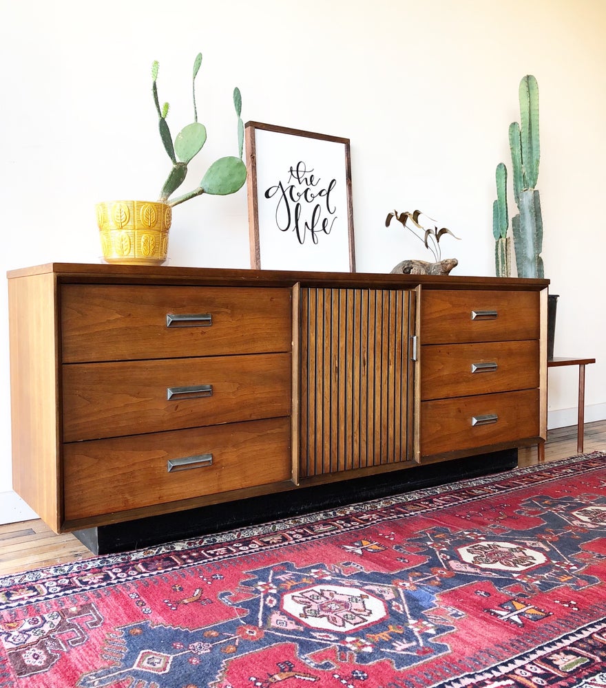 Long & Low Mid-Century Wood Top Credenza / Dresser